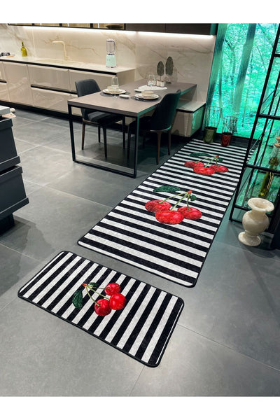 Cherry Striped Latex Leather-Backed Kitchen Rug - GRAY-BLACK