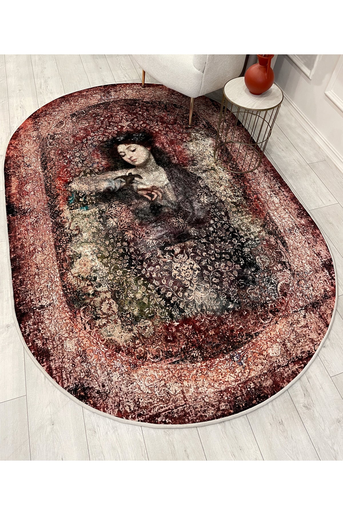 Brown-Red Distressed Vintage Ethnic Patterned Oval Latex Base Rug