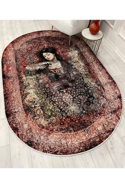 Brown-Red Distressed Vintage Ethnic Patterned Oval Latex Base Rug