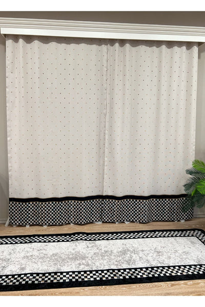 No-Pleat Extra-Reinforced Checkered Blackout Curtain - Beige-Black