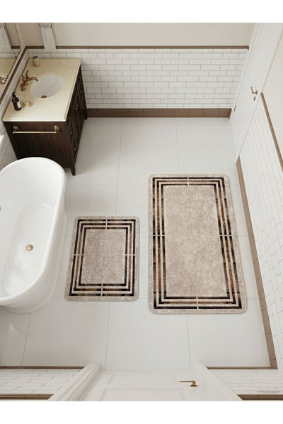 Beige Striped 2-Piece Leather Base Bathroom Mat Set (60x100 - 60x50)
