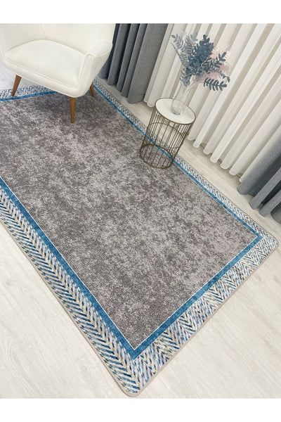 Blue Bordered Wicker-Look Non-Slip Base Rug
