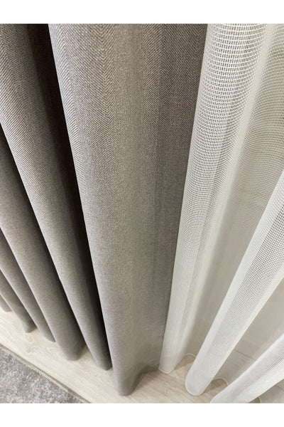 Heathered Milky Brown Linen-Look 1/3 Dense Pleated Blackout Curtain