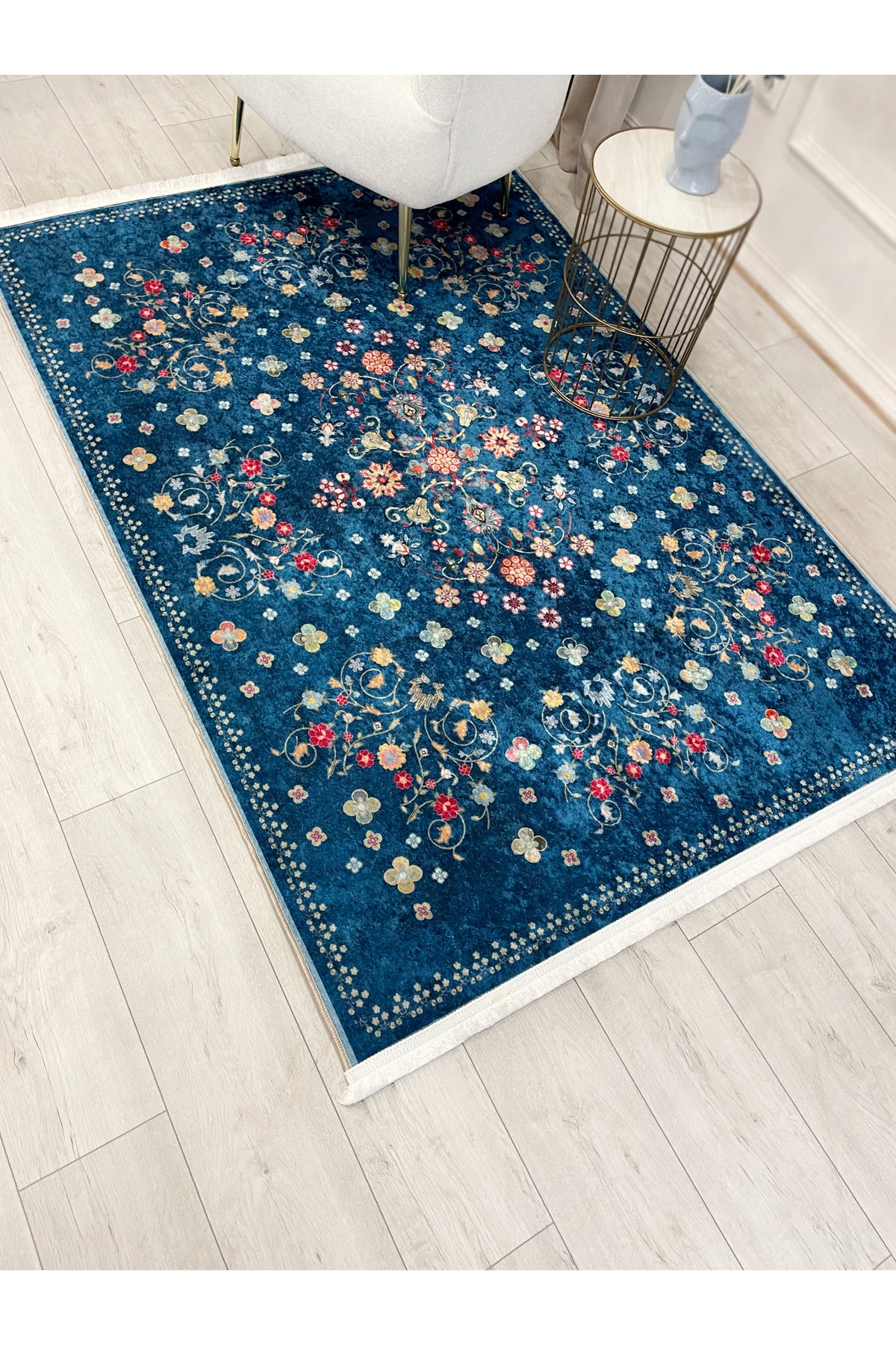 BEIGE Floral Patterned Vintage Latex Base Rug