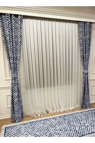 No-Pleat Extra-Reinforced Checkered Blackout Curtain - Blue