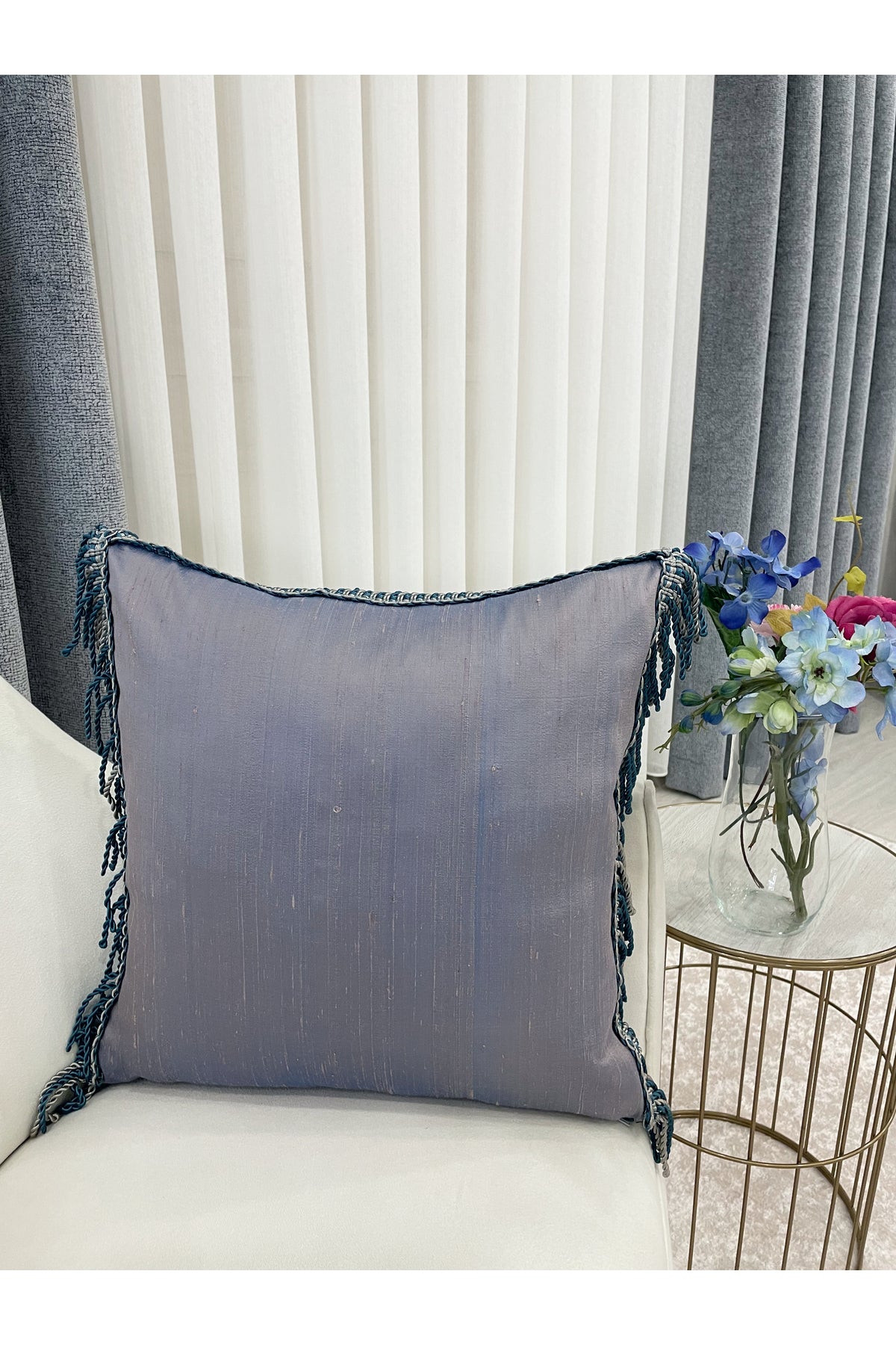 PURPLE/TURQUOISE Tasseled Silk Taffeta Cushion Cover (45X45)
