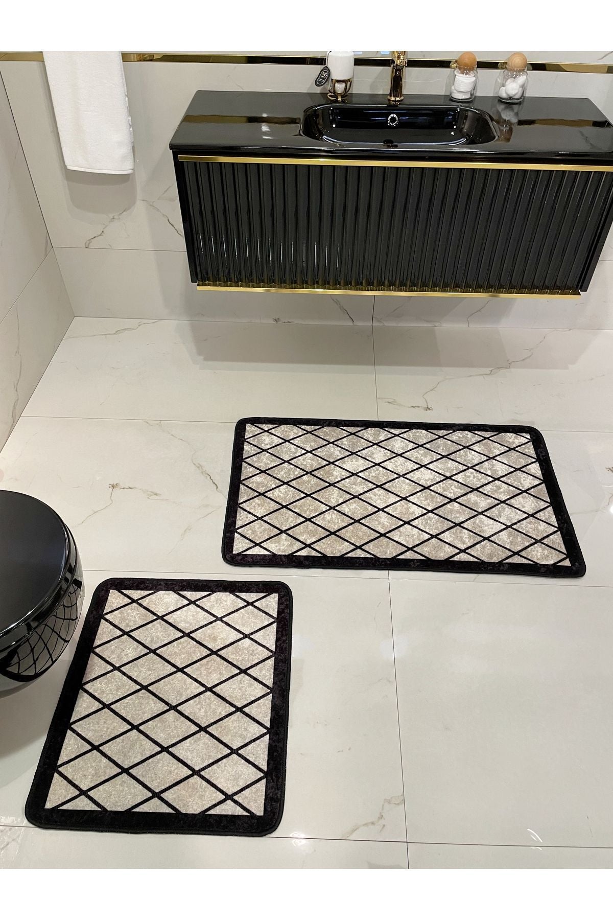 2 li Geometrik Desen 60x100 - 60x50 Lateks Taban Banyo Paspas - BEJ-SİYAH