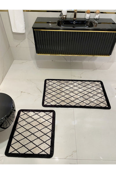 2 li Geometrik Desen 60x100 - 60x50 Lateks Taban Banyo Paspas - BEJ-SİYAH