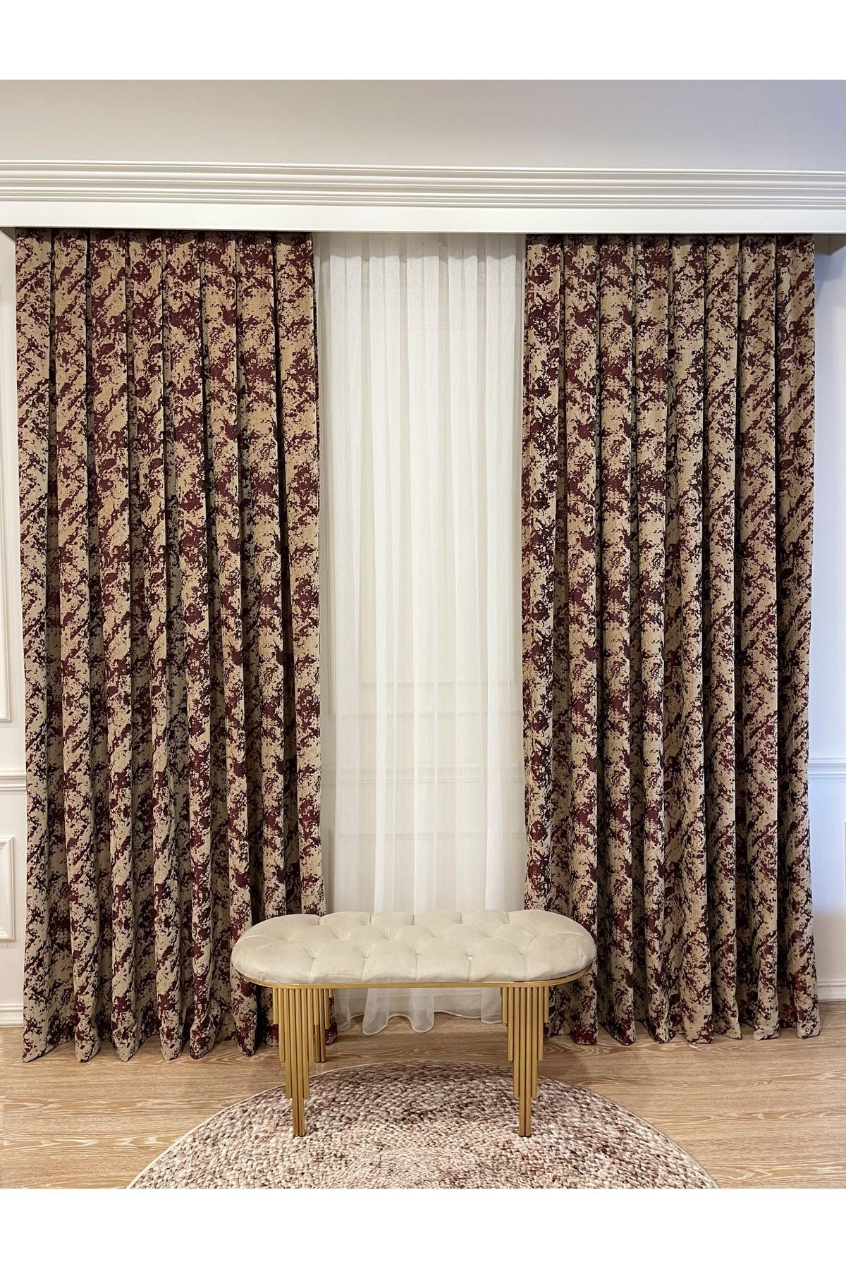 Brown-Navy Blue Chenille Pattern Jacquard 1/3 Dense Pleated Jacquard Blackout Curtain