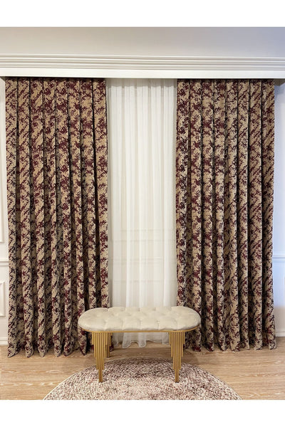 Brown-Navy Blue Chenille Pattern Jacquard 1/3 Dense Pleated Jacquard Blackout Curtain