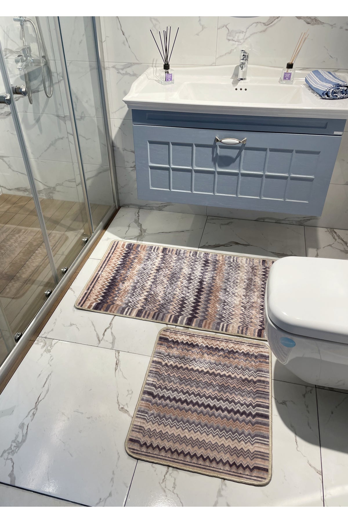 Zigzag Patterned 2-Piece Leather Base Bathroom Mat Set (60x100 - 60x50)