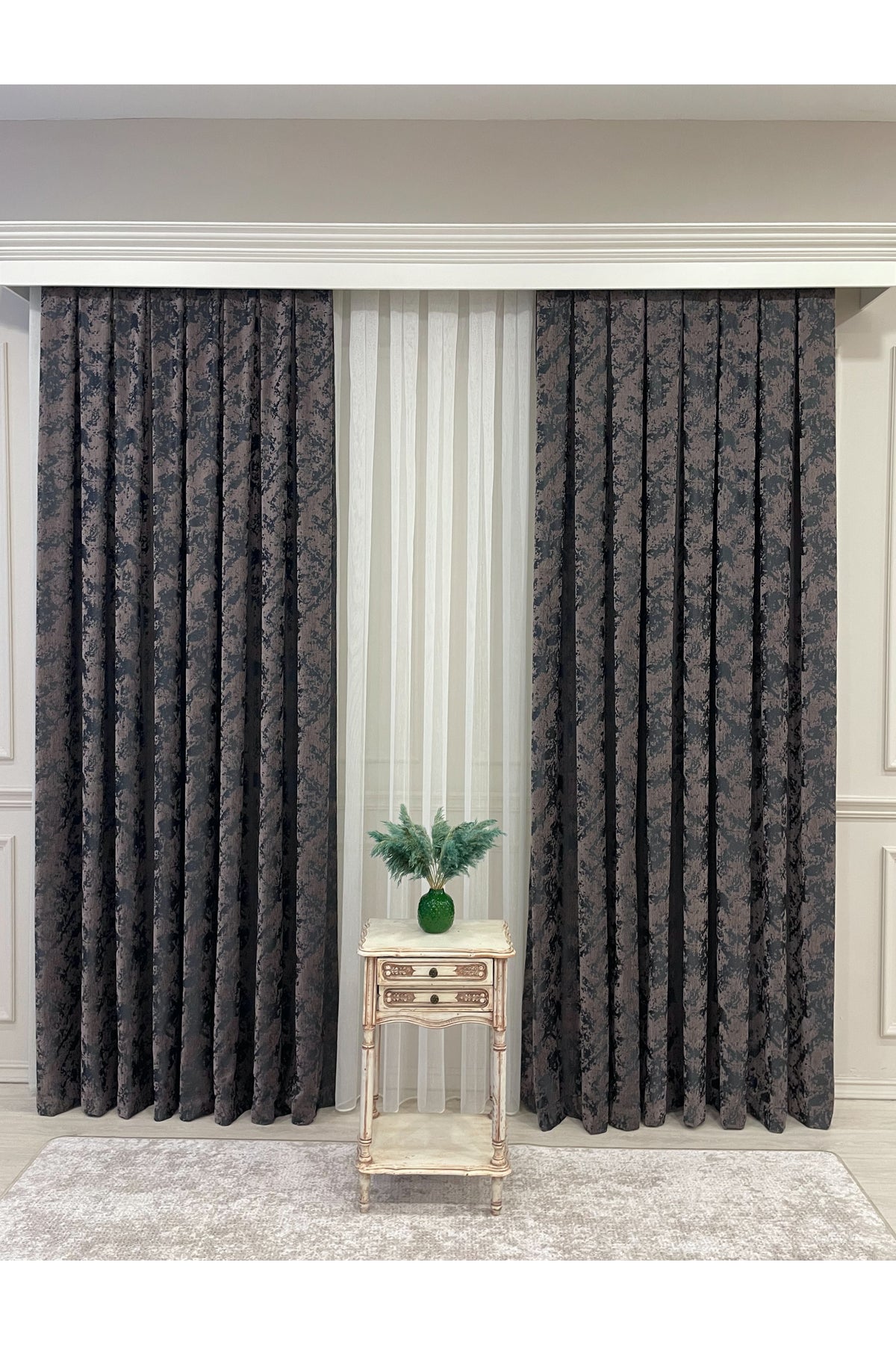 Brown-Navy Blue Chenille Pattern Jacquard 1/3 Dense Pleated Jacquard Blackout Curtain