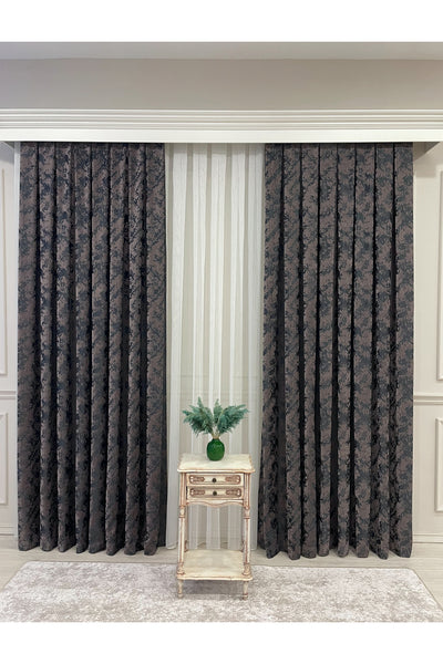 Brown-Navy Blue Chenille Pattern Jacquard 1/3 Dense Pleated Jacquard Blackout Curtain