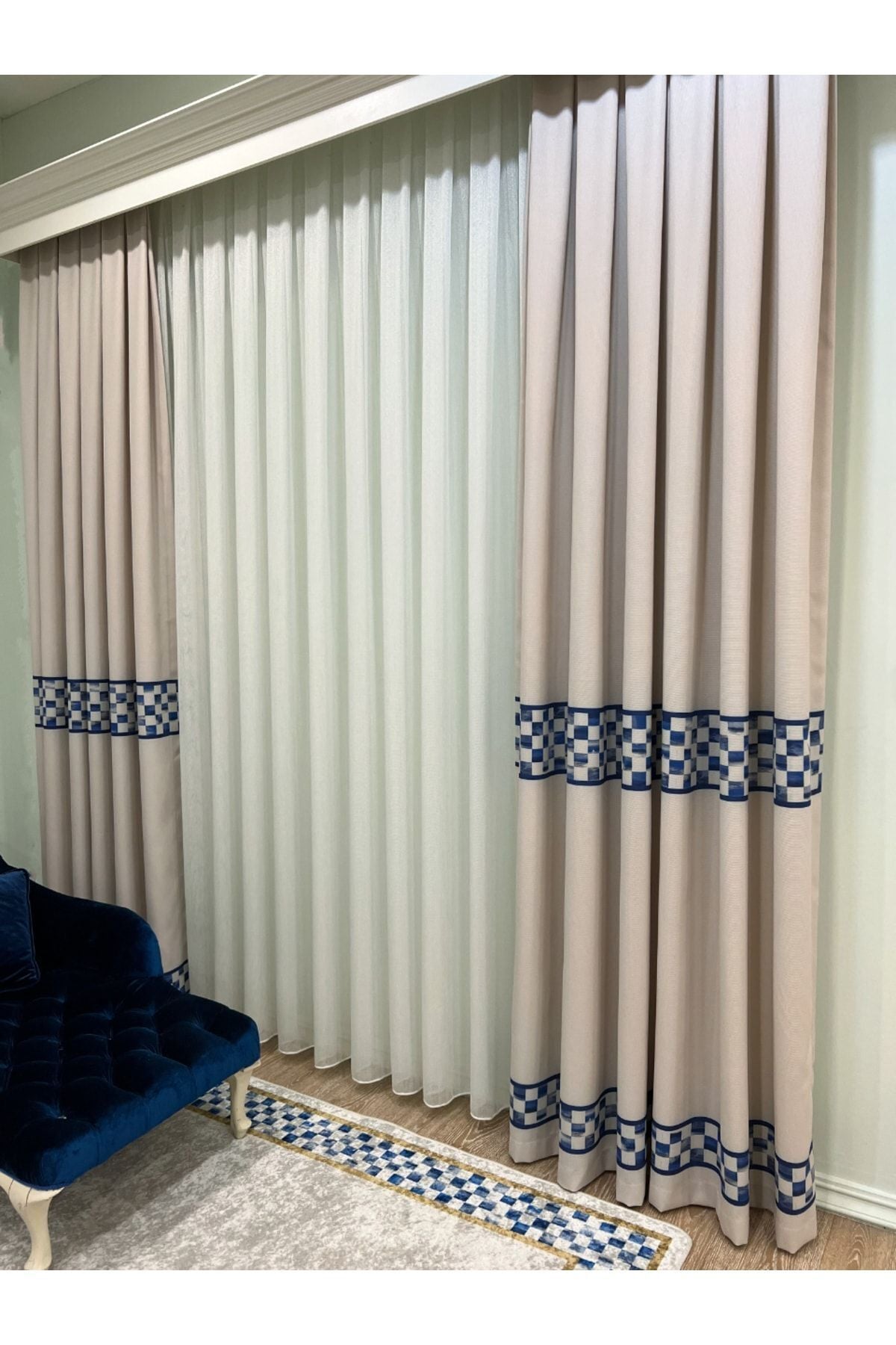 1/3 Dense Pleated Checkered Curtain Panel - Beige-Blue