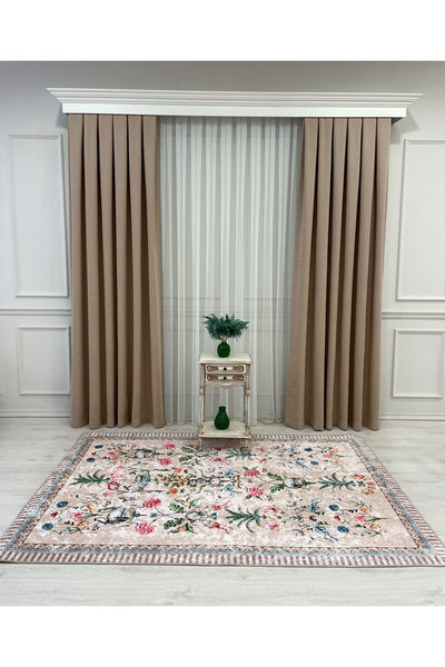 Beige Floral Bird Patterned Latex Leather Base Rug