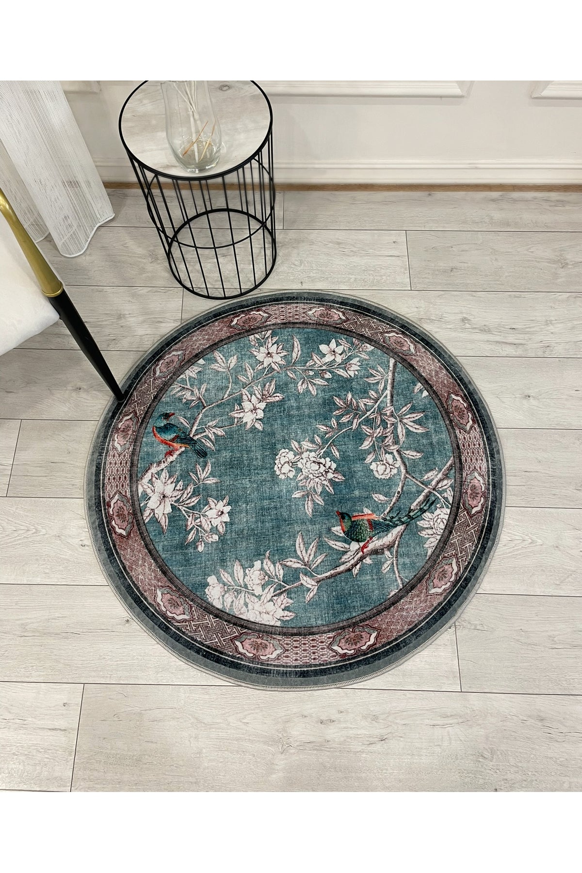 Soft Blue Bird Pattern Bordered Non-Slip Rug