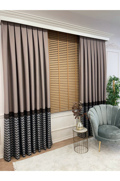 Jacquard 1/3 Dense Pleat Zigzag Striped Panel Print Blackout Curtain - Beige - Brown