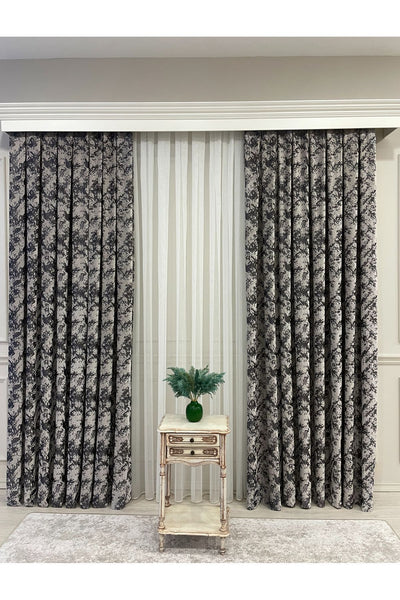 Brown-Navy Blue Chenille Pattern Jacquard 1/3 Dense Pleated Jacquard Blackout Curtain
