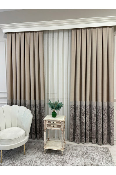 Gray Shawl Pattern 1/3 TIGHT PLEAT Jacquard Woven Blackout Curtain
