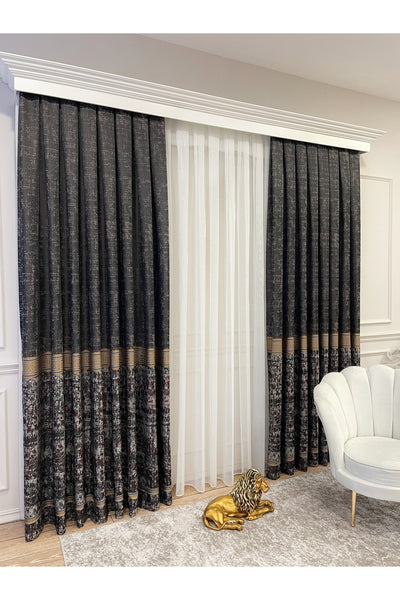 Gray Anthracite Bordered Pattern 1/3 Tight Pleat Jacquard Woven Blackout Curtain