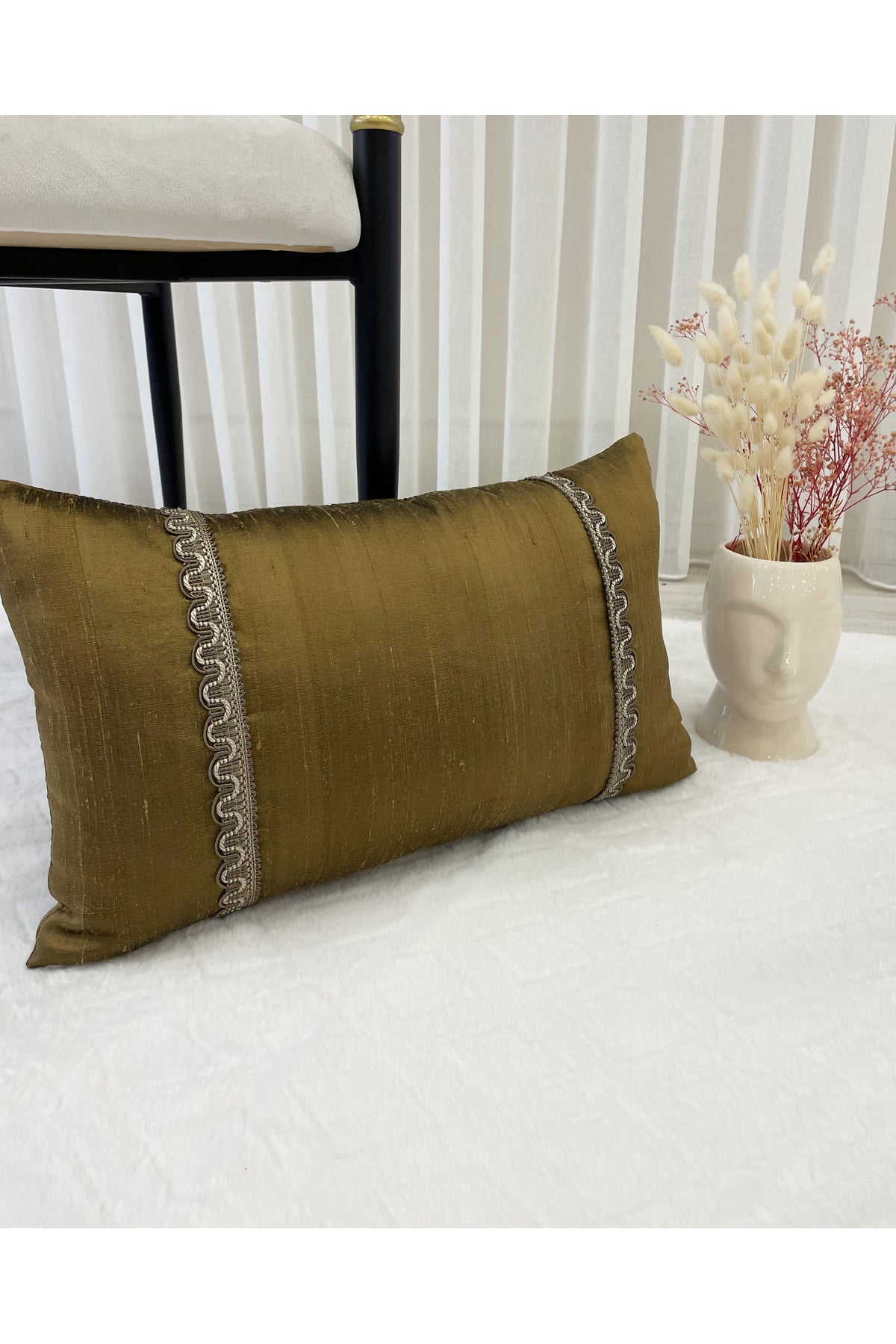 Imported Silk Cushion Pillow Cover with Cord (30x50) Oil Green