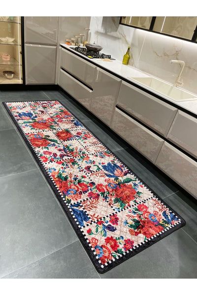 Beige Black Floral Checkered Kitchen Rug