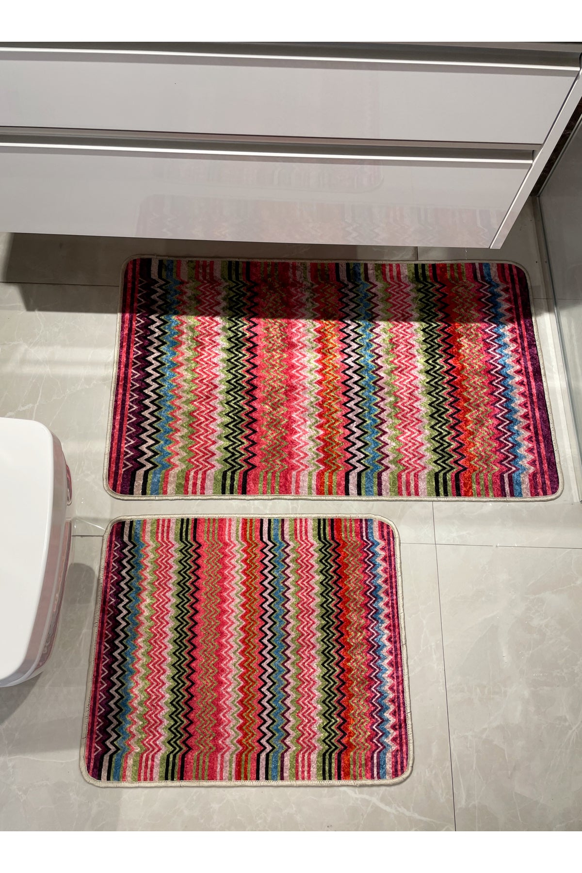 Zigzag Patterned 2-Piece Leather Base Bathroom Mat Set (60x100 - 60x50)