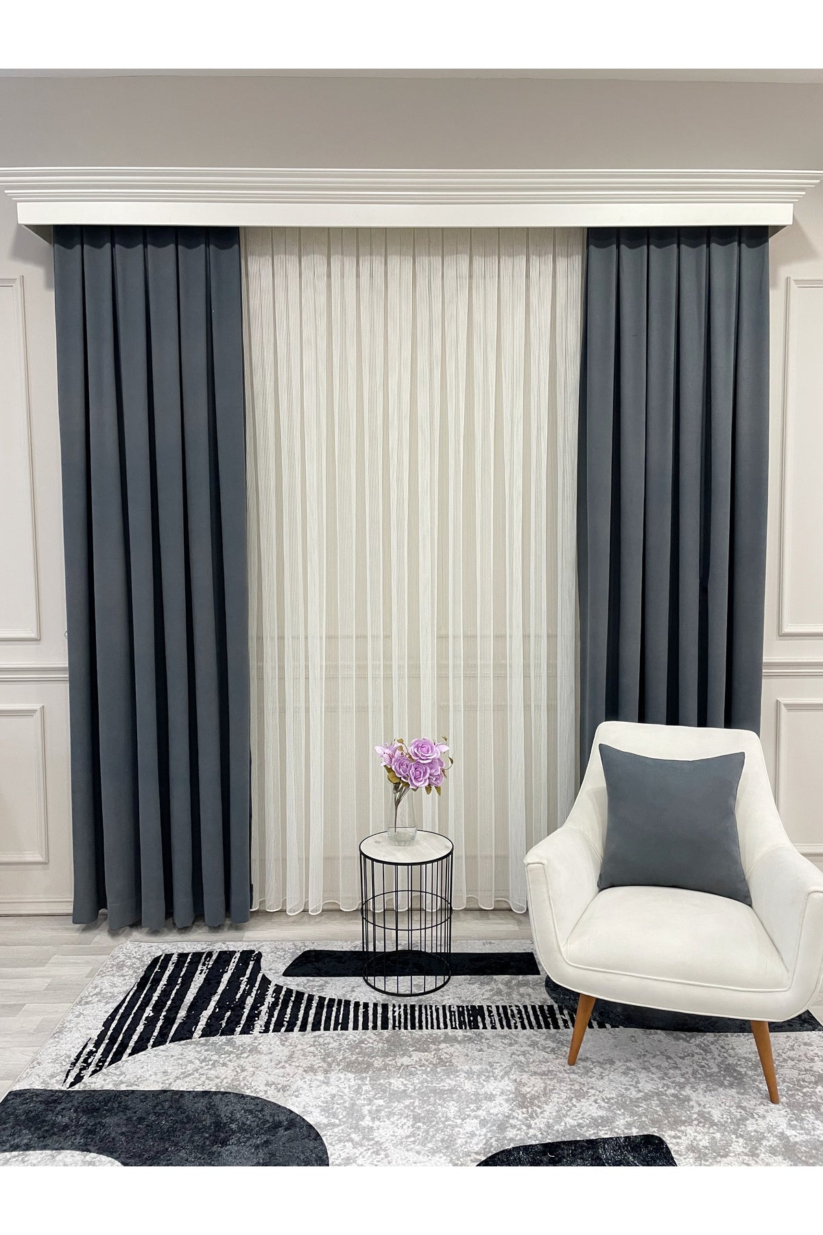 Gray-Black Net Wrinkle-Free DENSE 1/3 Pleated Sheer Curtain