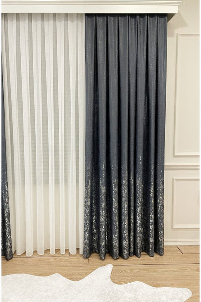 Jacquard Ground Foil Print 1/3 Dense Pleat Blackout Curtain - Beige - Gold Foil