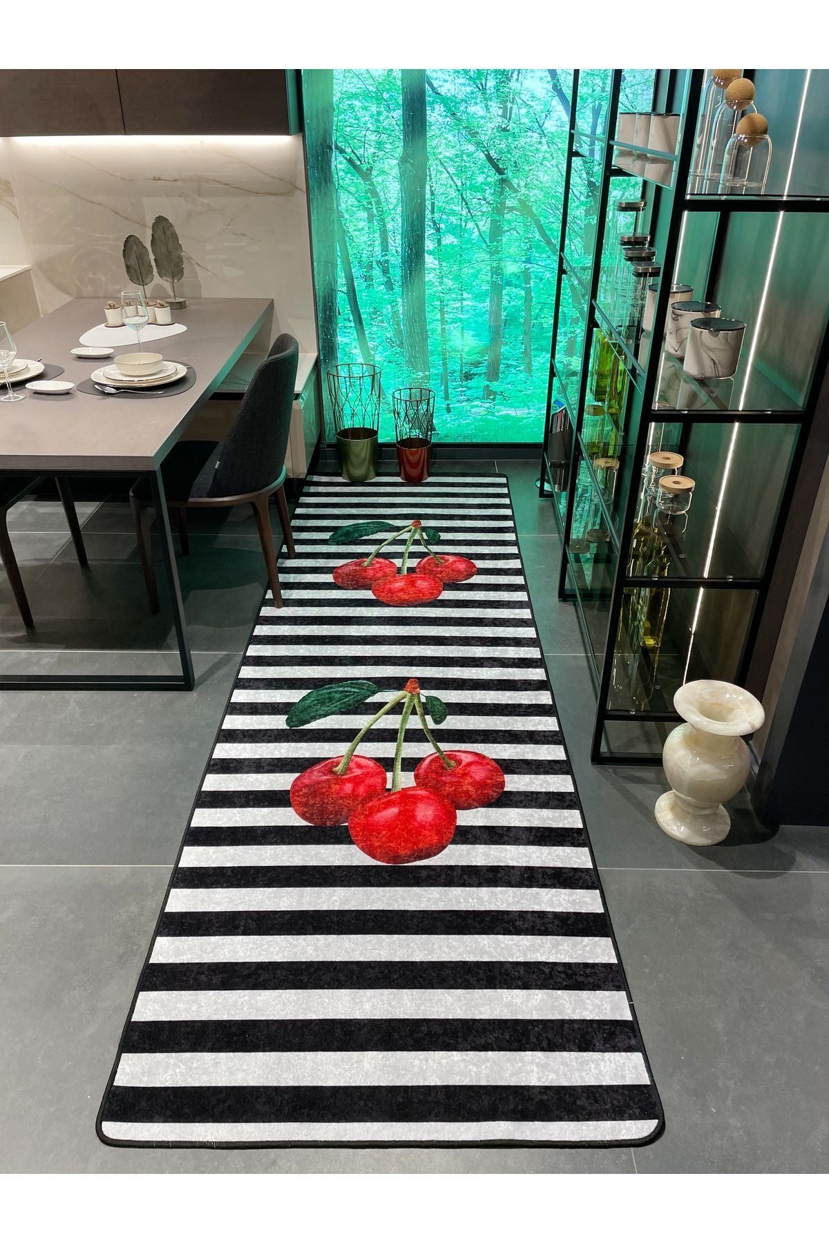 Cherry Striped Latex Leather-Backed Kitchen Rug - GRAY-BLACK