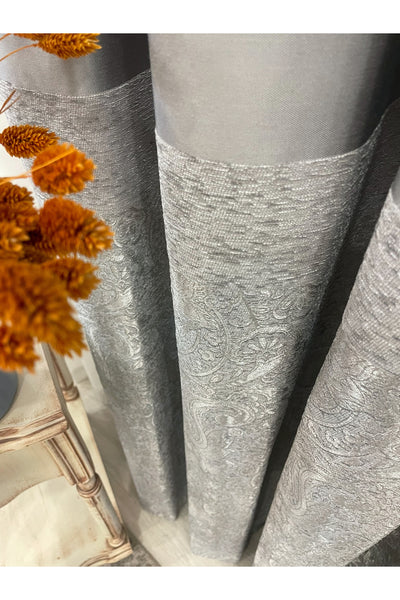 Gray Shawl Pattern 1/3 TIGHT PLEAT Jacquard Woven Blackout Curtain