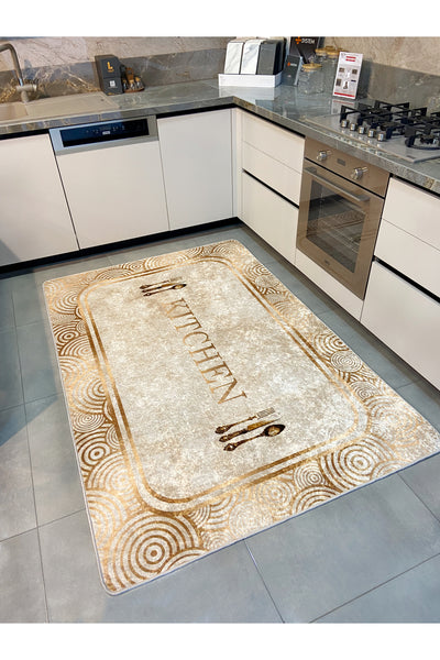 Beige Kitchen Script with Gold Detail Latex Base Rug