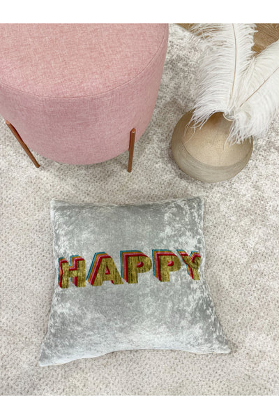 %100 Velvet "Happy" Text Print Cushion Cover (Gray)
