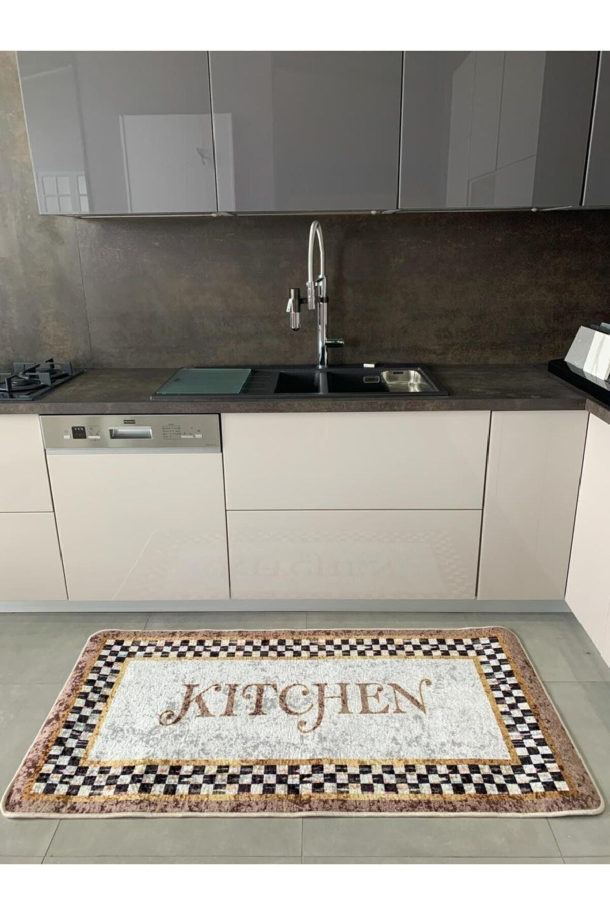 Kitchen Motifli Damalı Lateks Deri Tabanlı Leke Tutmaz Mutfak Halısı