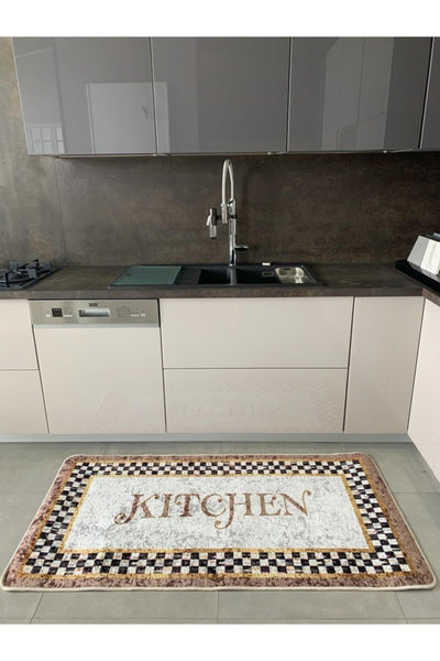 Kitchen Motifli Damalı Lateks Deri Tabanlı Leke Tutmaz Mutfak Halısı