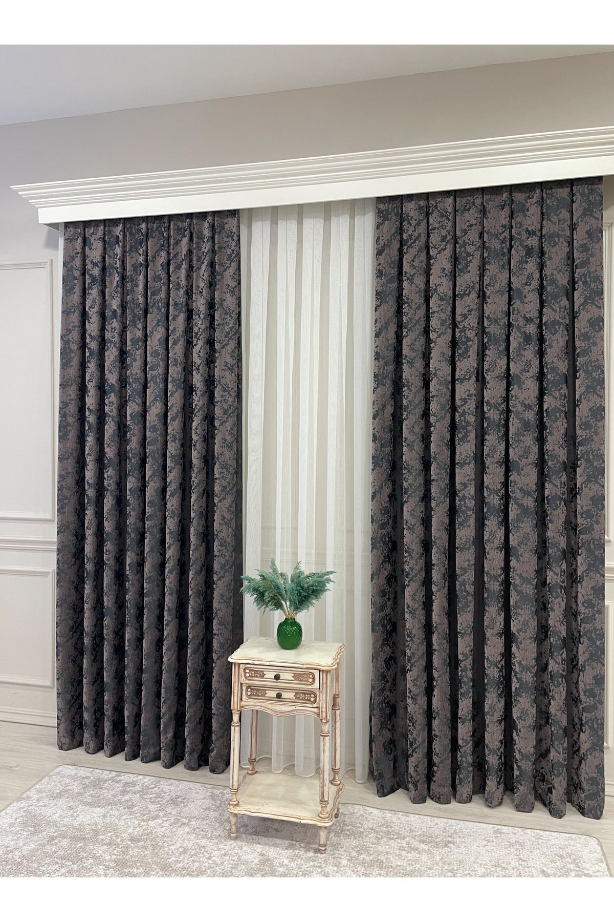 Brown-Navy Blue Chenille Pattern Jacquard 1/3 Dense Pleated Jacquard Blackout Curtain