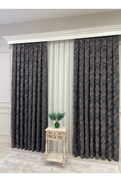 Brown-Navy Blue Chenille Pattern Jacquard 1/3 Dense Pleated Jacquard Blackout Curtain