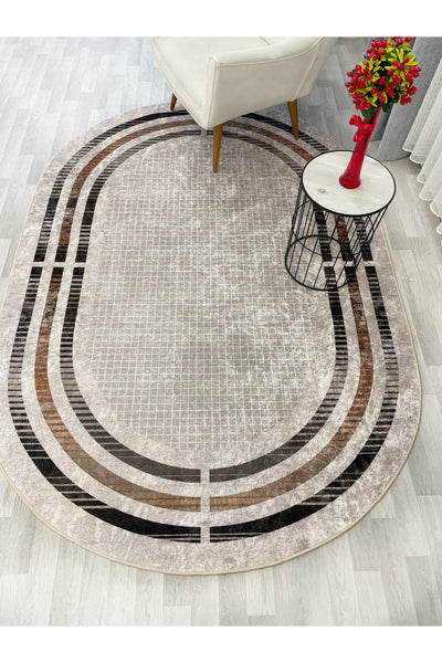 BEIGE Striped Bordered Non-Slip Base Framed Rug