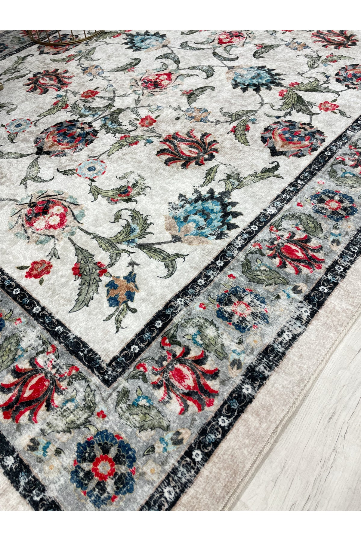 BEIGE-BLUE Traditional Distressed FRINGED Classic Non-Slip Base Rug