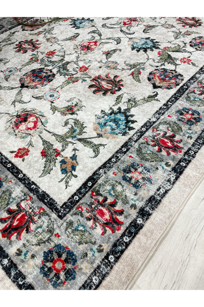 BEIGE-BLUE Traditional Distressed FRINGED Classic Non-Slip Base Rug