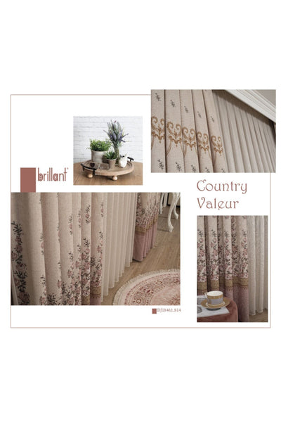 Country Collection 1/3 Dense Pleated Natural Linen Floral Blackout Curtain