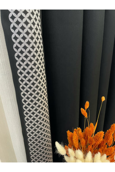 Panel Pattern Jacquard 1/3 Dense Pleat Blackout Curtain - Anthracite Gray - Gold Border
