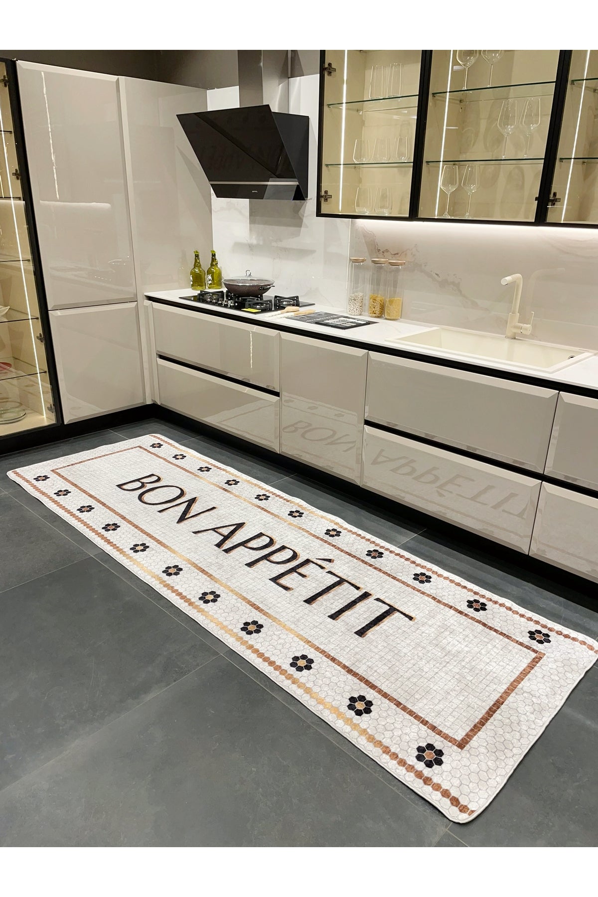 Bon Appetit Honeycomb Ecru Kitchen Runner Rug