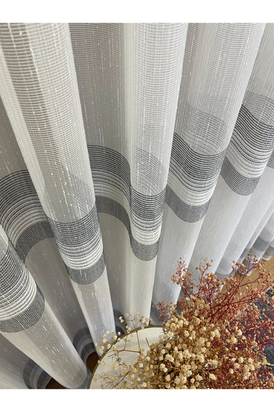 Modern Shantung 3-Row Banded 1/2.5 Pleat - Ecru/Gray Sheer Curtain