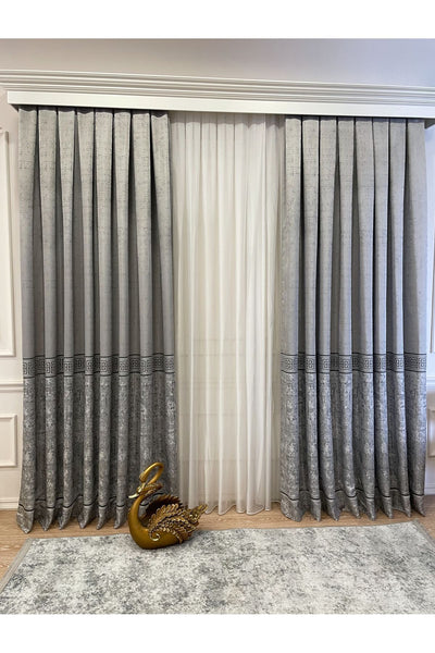 Gray Anthracite Bordered Pattern 1/3 Tight Pleat Jacquard Woven Blackout Curtain