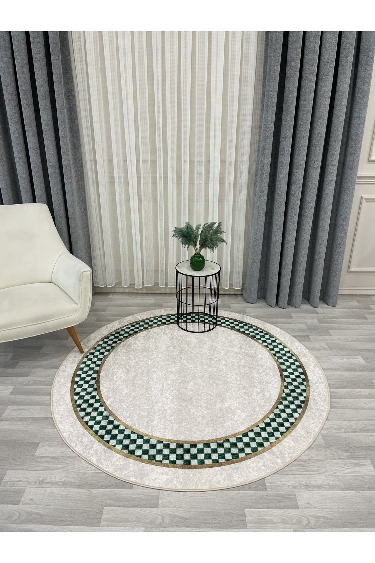 Beige Green Checkered Non-Slip Base Rug