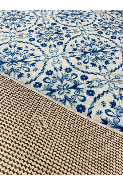 Mavi Renk Vintage Desen Lateks Deri Taban Daire Halı
