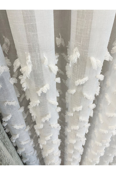 Ecru/Off-White 1/3 Dense Pleated Pompom Puffy Linen-Look Sheer Curtain