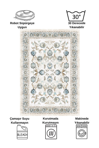 BEIGE-BLUE Traditional Distressed FRINGED Classic Non-Slip Base Rug