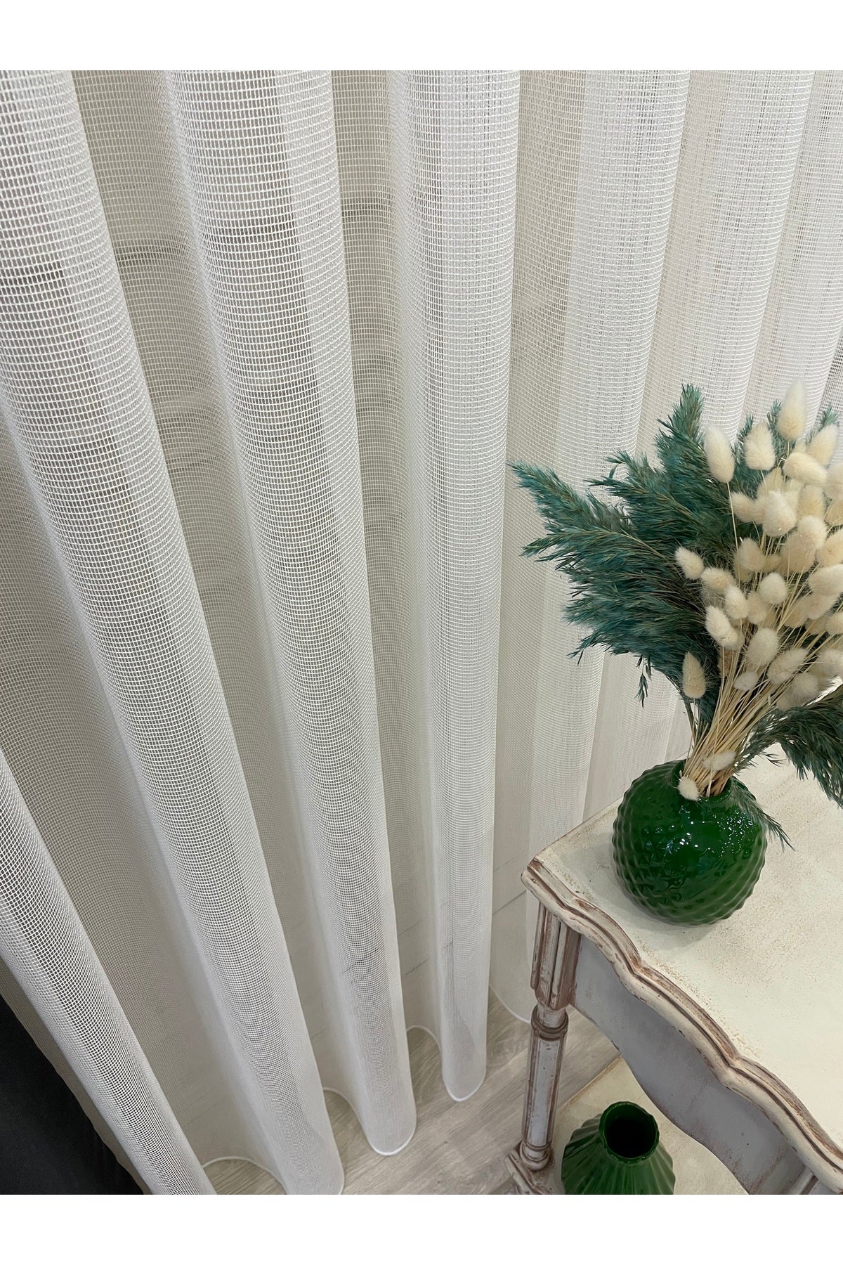 Modern Steel Chainmail Pattern 1/2.5 Medium Pleat - Ecru Sheer Curtain